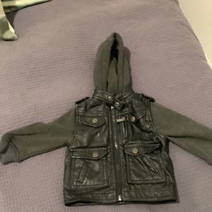 Fake leather jacket with sweatshirt hood and sleeves
